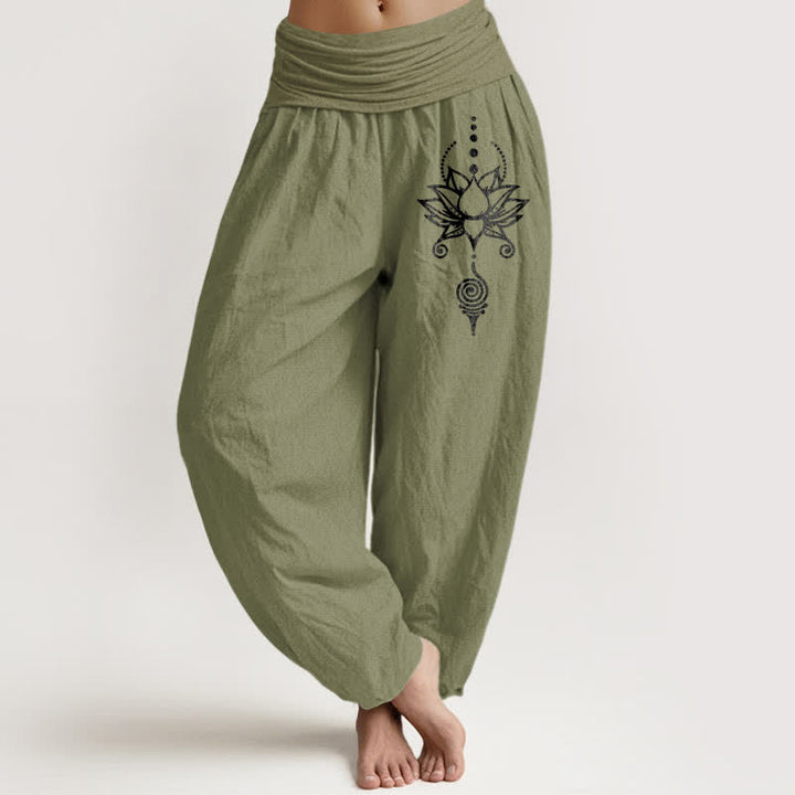 Buddha Stones Pure Cotton Zen Lotus Geometry Pattern Women's Elastic Waist Harem Pants - OliveDrab - US16，UK/AU20，EU48 (3XL) - image 14