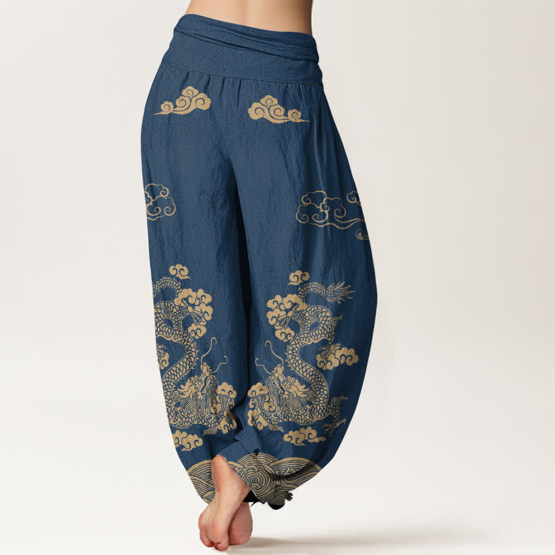 Buddha Stones Cotton Vintage Dragon Swirl Cloud Pattern Women's Elastic Waist Harem Pants - image 2