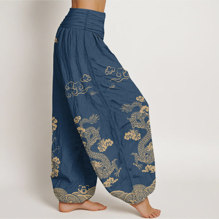 Buddha Stones Cotton Vintage Dragon Swirl Cloud Pattern Women's Elastic Waist Harem Pants - image 1