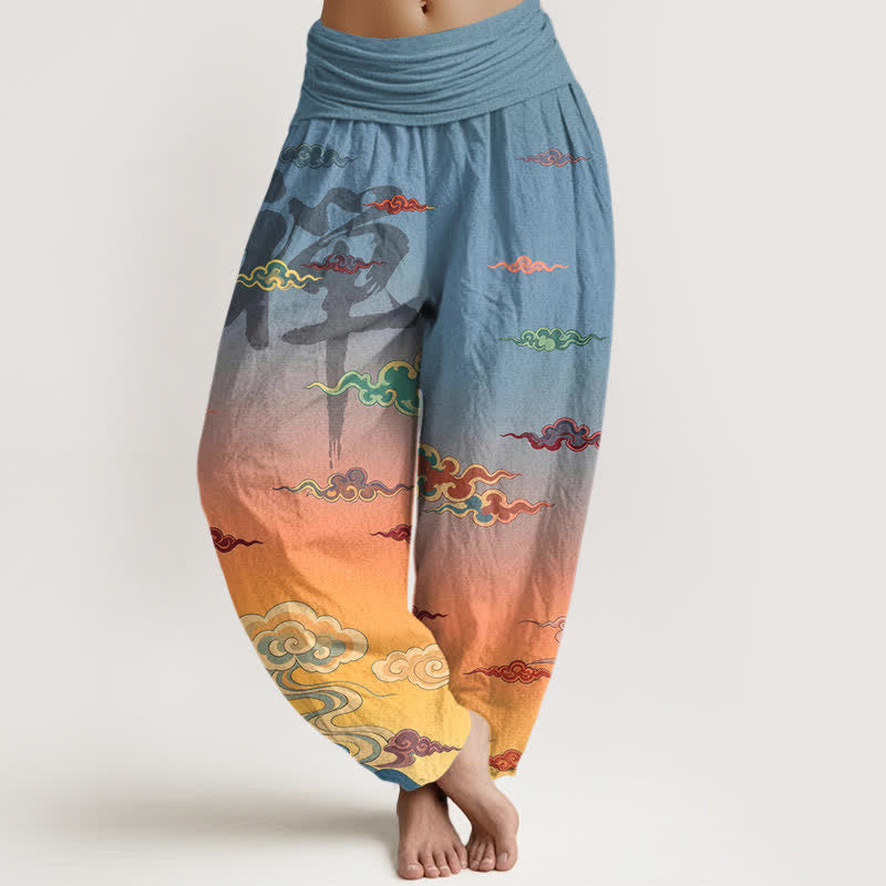 Buddha Stones Cotton Zen Oriental Cloud Wash Pattern Women's Elastic Waist Harem Pants - Orange - US16，UK/AU20，EU48 (3XL) - image 0
