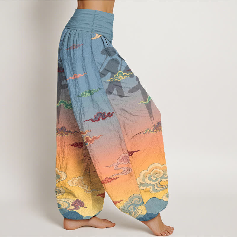 Buddha Stones Cotton Zen Oriental Cloud Wash Pattern Women's Elastic Waist Harem Pants - image 1