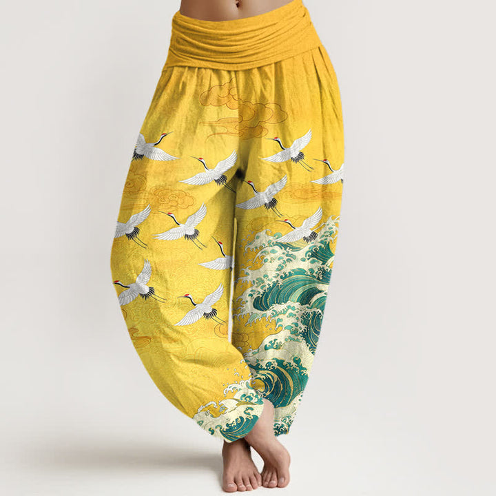 Buddha Stones Cotton White Crane Sea Wave Pattern Women's Elastic Waist Harem Pants - Gold - US16，UK/AU20，EU48 (3XL) - image 0