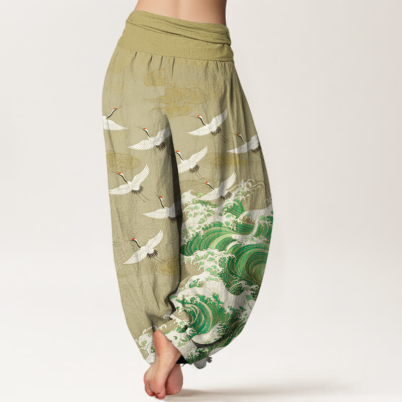 Buddha Stones Cotton White Crane Sea Wave Pattern Women's Elastic Waist Harem Pants - image 7