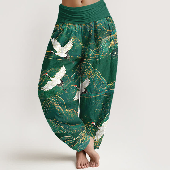 Buddha Stones Cotton Oriental Crane Mountain Pattern Women's Elastic Waist Harem Pants - ForestGreen - US16，UK/AU20，EU48 (3XL) - image 0