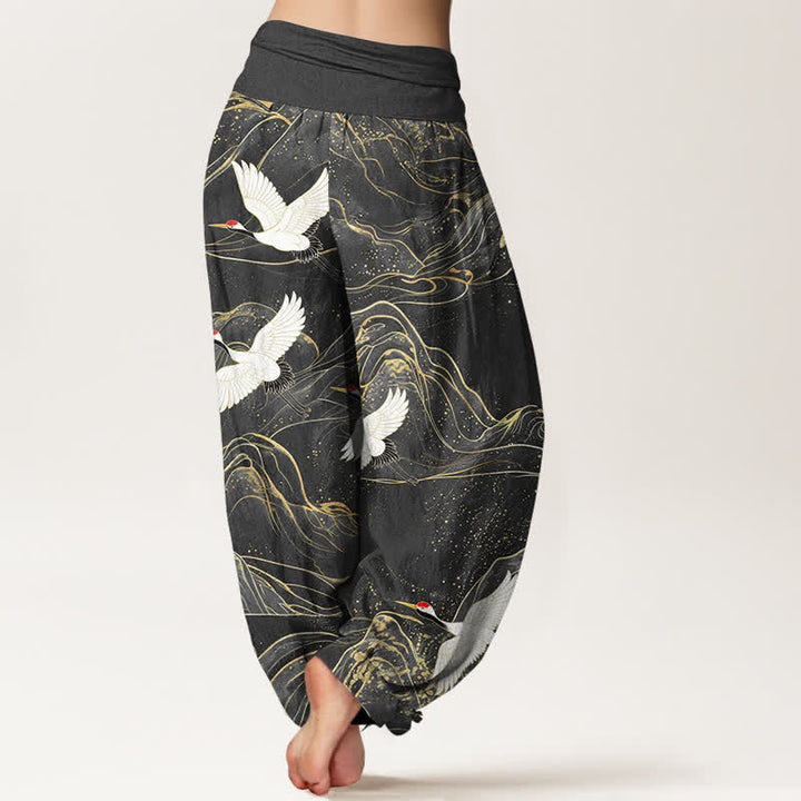 Buddha Stones Cotton Oriental Crane Mountain Pattern Women's Elastic Waist Harem Pants - image 7