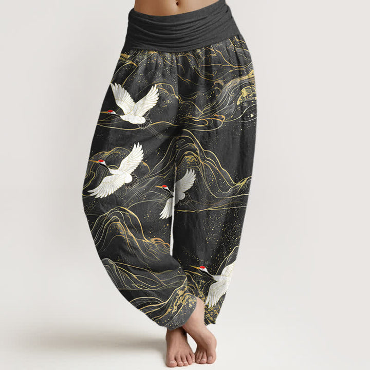 Buddha Stones Cotton Oriental Crane Mountain Pattern Women's Elastic Waist Harem Pants - Black - US16，UK/AU20，EU48 (3XL) - image 5