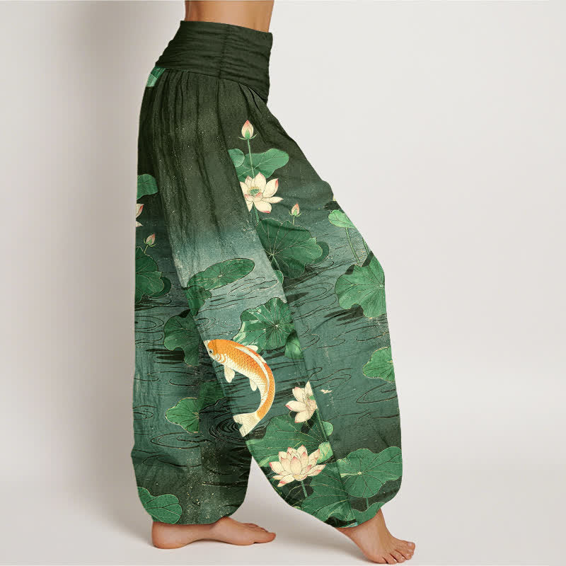 Buddha Stones Cotton Blooming Lotus Koi Pattern Women's Elastic Waist Harem Pants - image 6