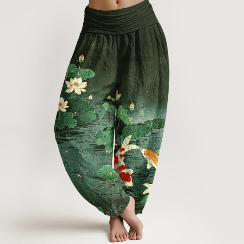 Buddha Stones Cotton Blooming Lotus Koi Pattern Women's Elastic Waist Harem Pants - DarkGreen - US16，UK/AU20，EU48 (3XL) - image 5