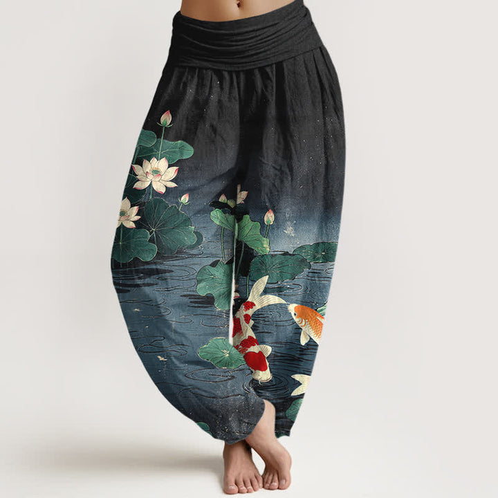 Buddha Stones Cotton Blooming Lotus Koi Pattern Women's Elastic Waist Harem Pants - Black - US16，UK/AU20，EU48 (3XL) - image 8