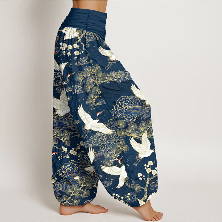Buddha Stones Cotton Oriental Crane Floral Pattern Women's Elastic Waist Harem Pants - image 1