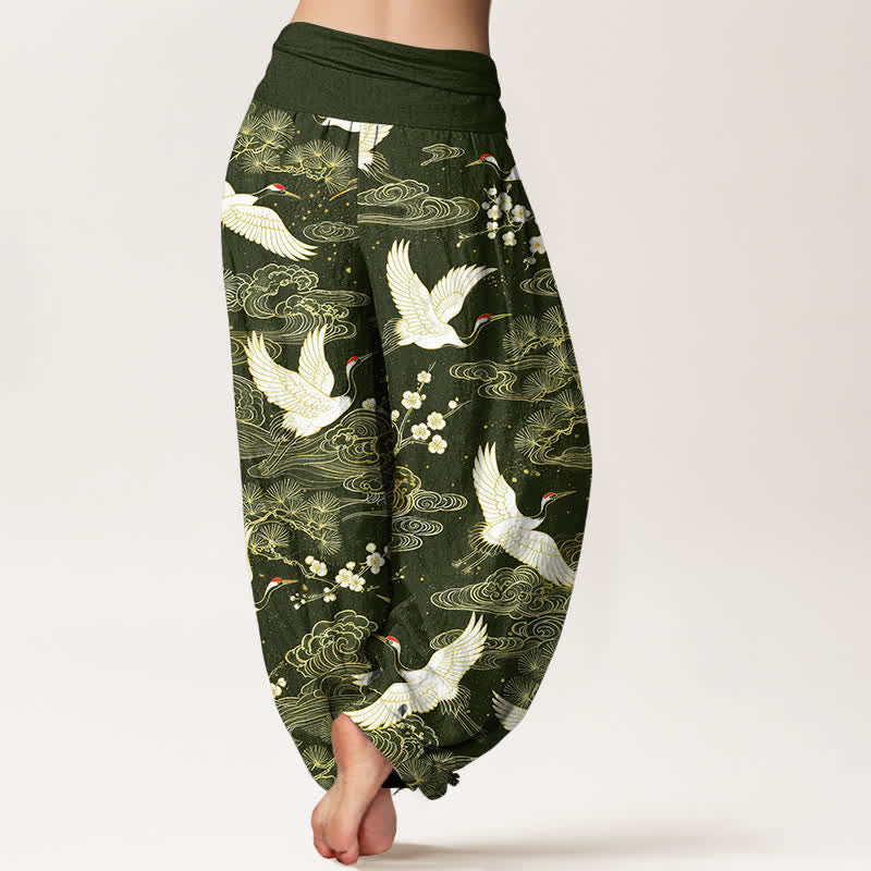 Buddha Stones Cotton Oriental Crane Floral Pattern Women's Elastic Waist Harem Pants - image 7