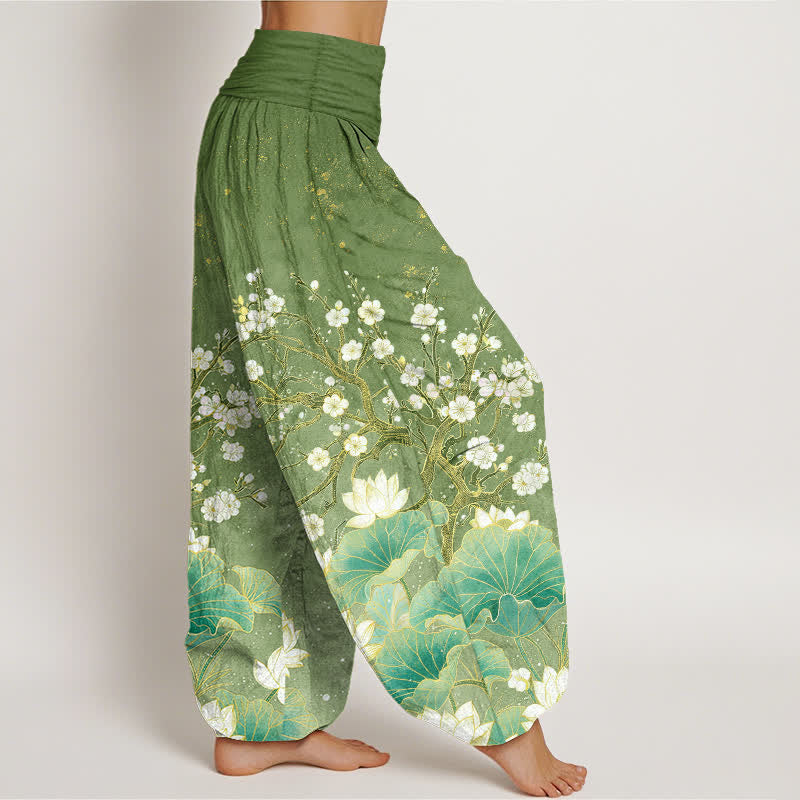 Buddha Stones Cotton Botanical Lotus Flower Pattern Women's Elastic Waist Harem Pants - image 1