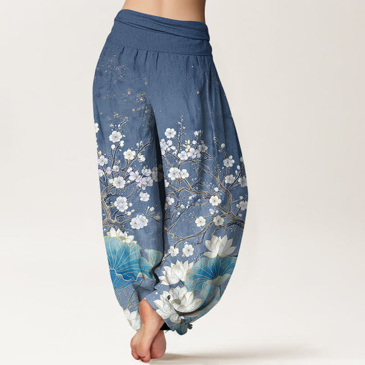 Buddha Stones Cotton Botanical Lotus Flower Pattern Women's Elastic Waist Harem Pants - image 7