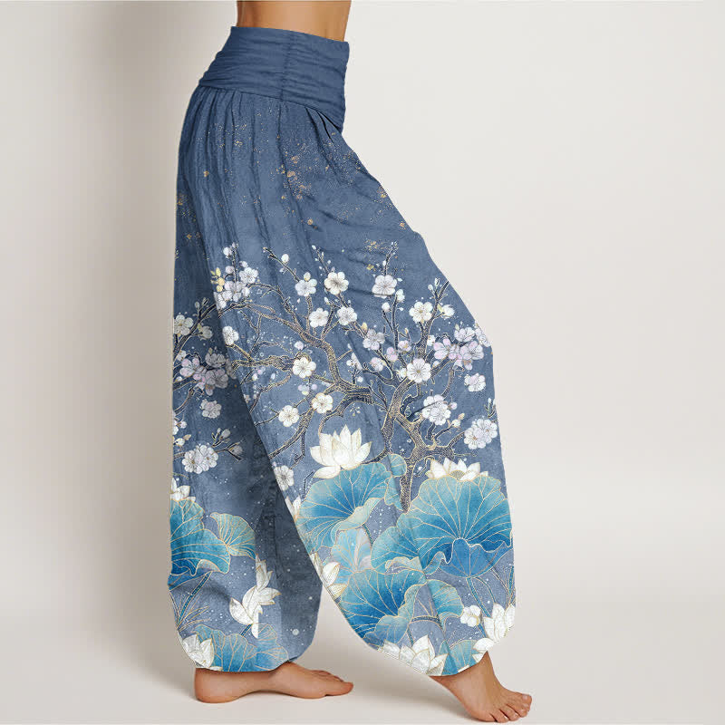 Buddha Stones Cotton Botanical Lotus Flower Pattern Women's Elastic Waist Harem Pants - image 6