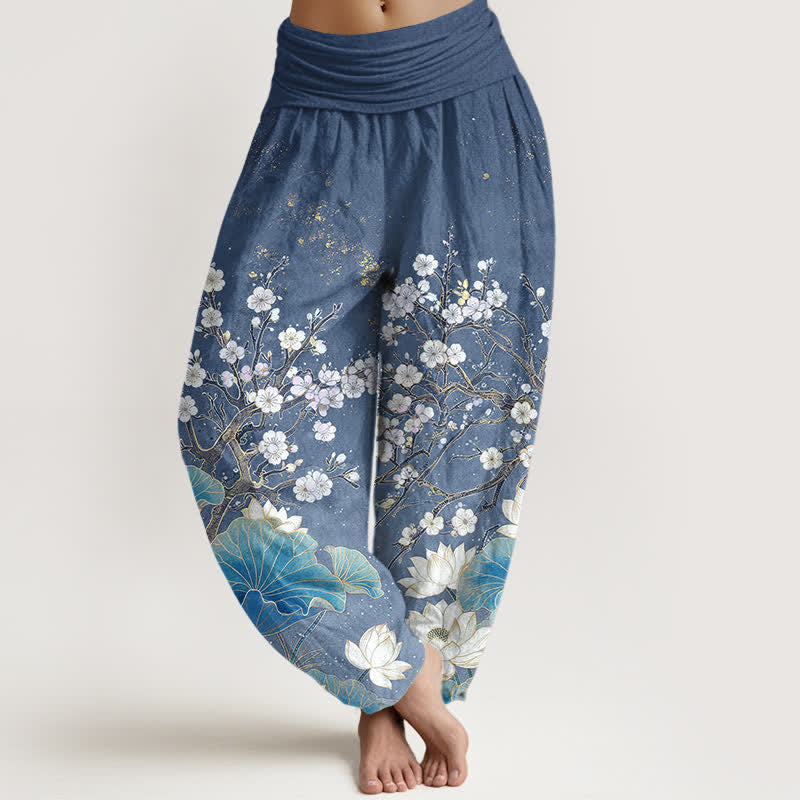 Buddha Stones Cotton Botanical Lotus Flower Pattern Women's Elastic Waist Harem Pants - SteelBlue - US16，UK/AU20，EU48 (3XL) - image 5