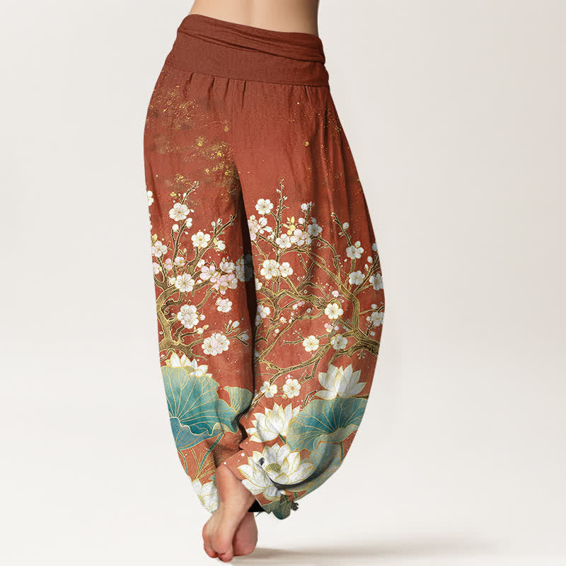 Buddha Stones Cotton Botanical Lotus Flower Pattern Women's Elastic Waist Harem Pants - image 10