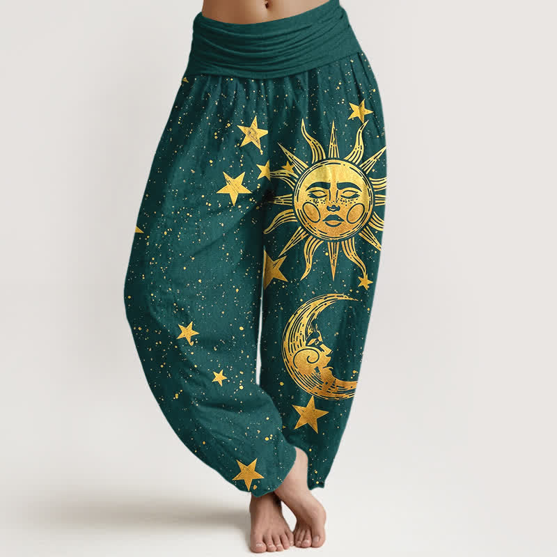 Buddha Stones Cotton Golden Sun Stars Pattern Women's Elastic Waist Harem Pants - Teal - US16，UK/AU20，EU48 (3XL) - image 5