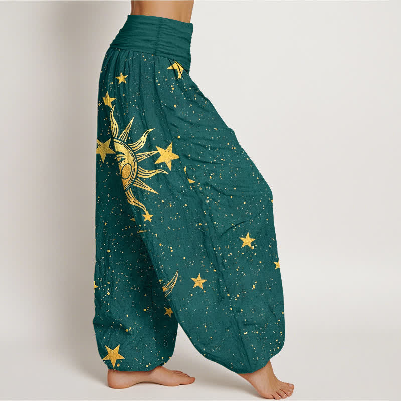 Buddha Stones Cotton Golden Sun Stars Pattern Women's Elastic Waist Harem Pants - image 6