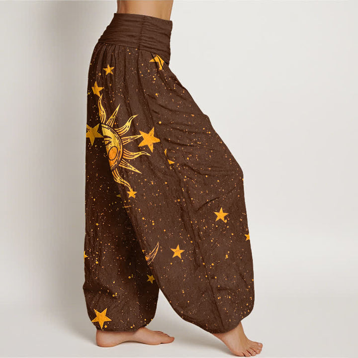 Buddha Stones Cotton Golden Sun Stars Pattern Women's Elastic Waist Harem Pants - image 9
