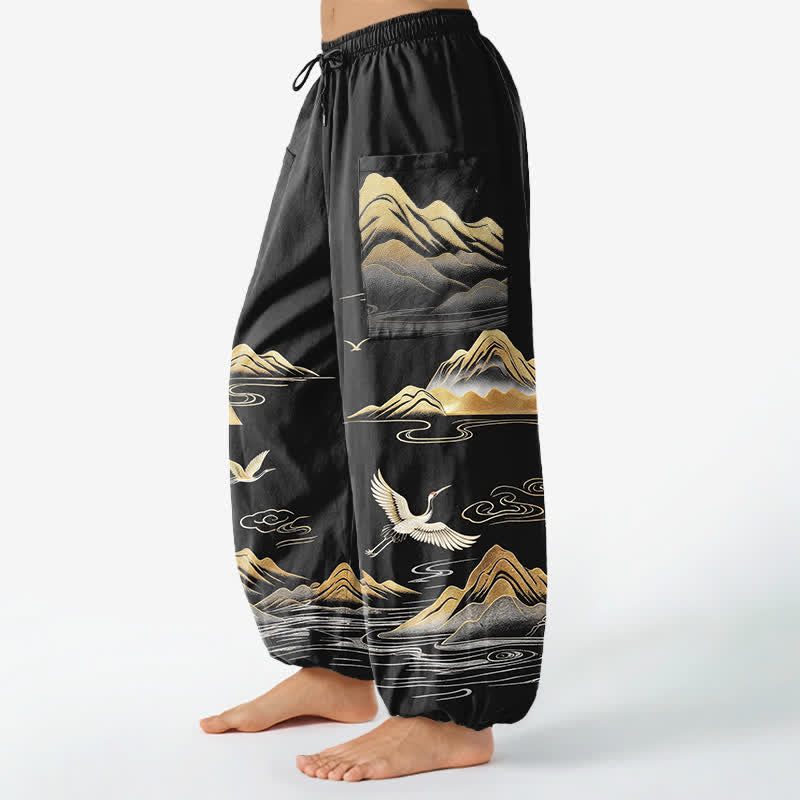 Buddha Stones Cotton Serene Landscape Crane Pattern Women's Elastic Waist Harem Pants With Side Pockets - image 1