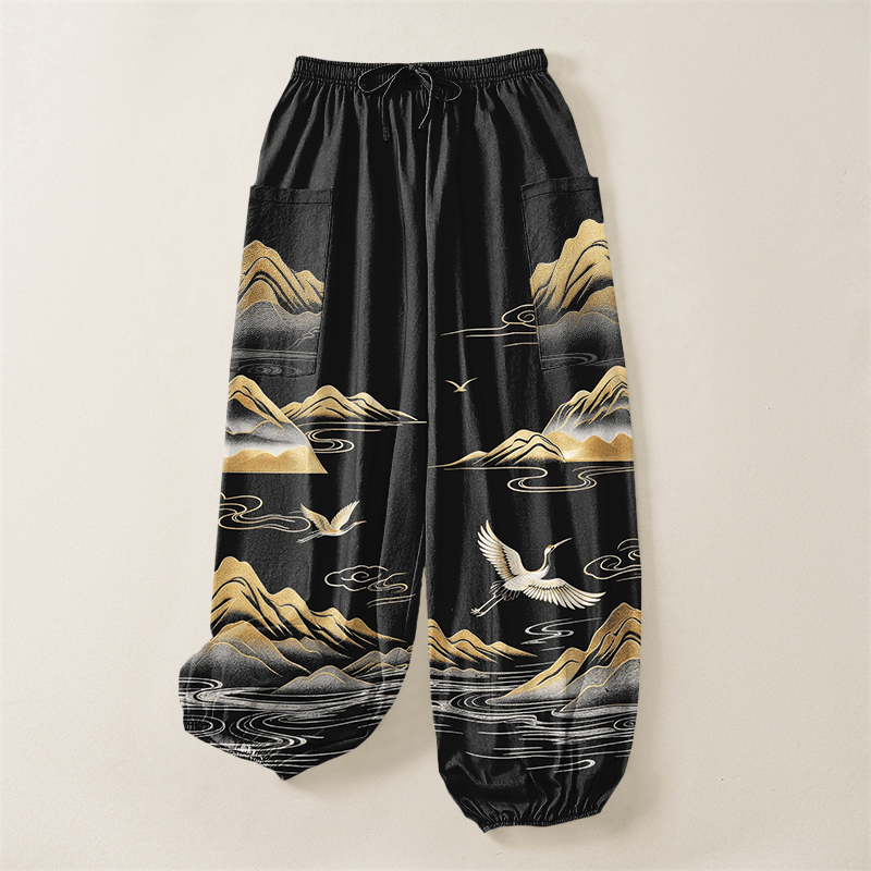 Buddha Stones Cotton Serene Landscape Crane Pattern Women's Elastic Waist Harem Pants With Side Pockets - image 3