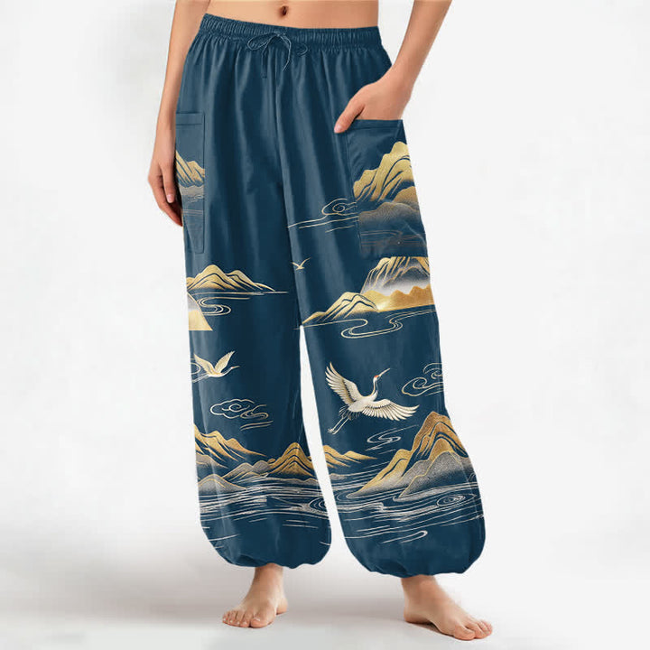 Buddha Stones Cotton Serene Landscape Crane Pattern Women's Elastic Waist Harem Pants With Side Pockets - SteelBlue - US16，UK/AU20，EU48 (3XL) - image 7