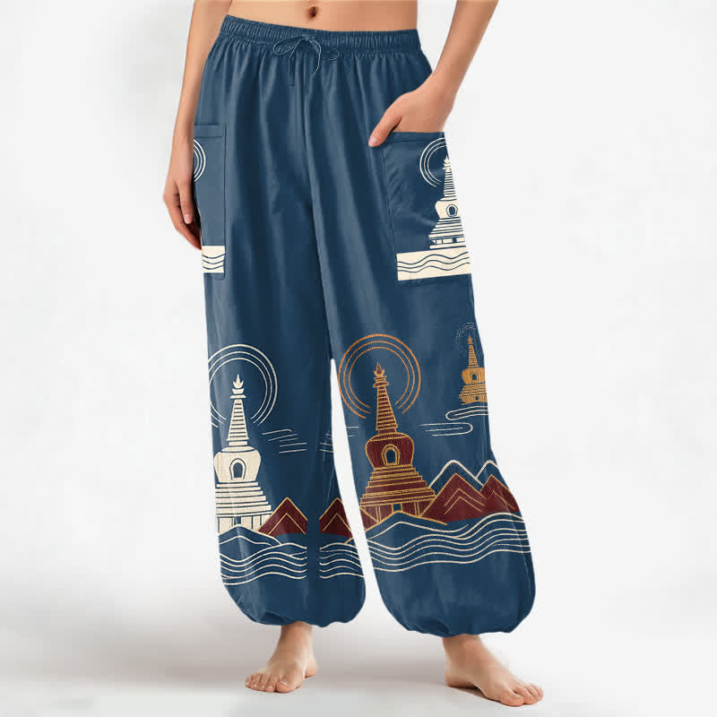 Buddha Stones Cotton Vintage Pagoda Scenic Pattern Women's Elastic Waist Harem Pants With Side Pockets - SteelBlue - US16，UK/AU20，EU48 (3XL) - image 0