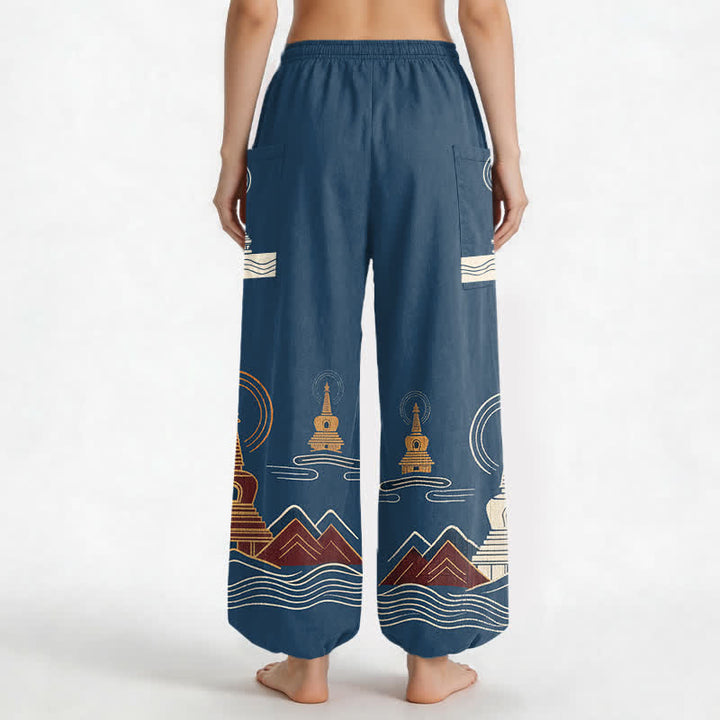 Buddha Stones Cotton Vintage Pagoda Scenic Pattern Women's Elastic Waist Harem Pants With Side Pockets - image 2