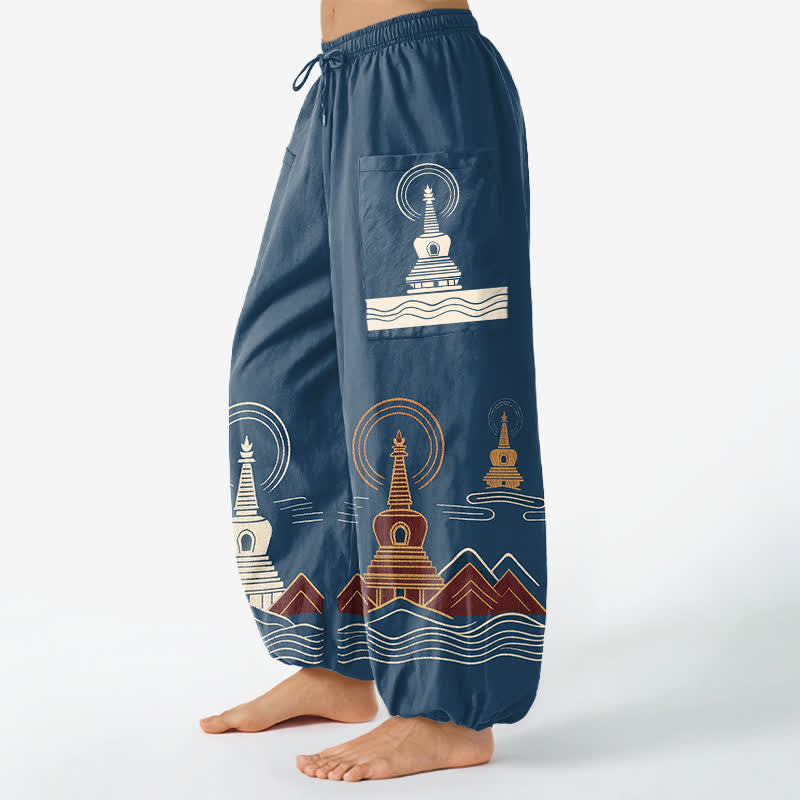 Buddha Stones Cotton Vintage Pagoda Scenic Pattern Women's Elastic Waist Harem Pants With Side Pockets - image 1