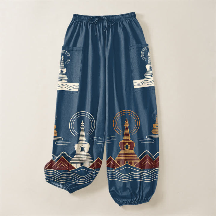 Buddha Stones Cotton Vintage Pagoda Scenic Pattern Women's Elastic Waist Harem Pants With Side Pockets - image 3
