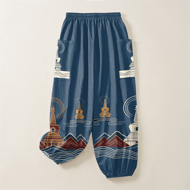 Buddha Stones Cotton Vintage Pagoda Scenic Pattern Women's Elastic Waist Harem Pants With Side Pockets - image 4