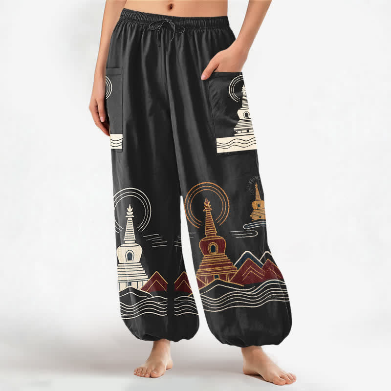 Buddha Stones Cotton Vintage Pagoda Scenic Pattern Women's Elastic Waist Harem Pants With Side Pockets - Black - US16，UK/AU20，EU48 (3XL) - image 7