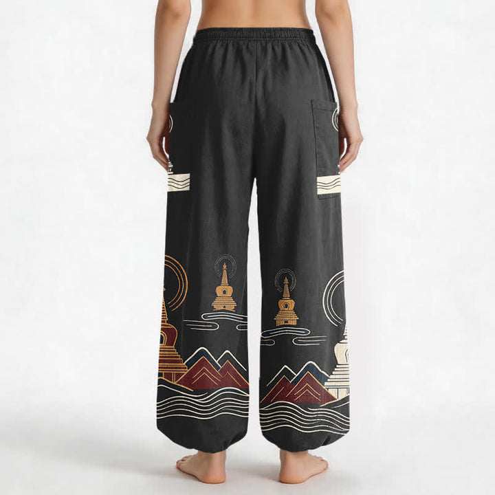 Buddha Stones Cotton Vintage Pagoda Scenic Pattern Women's Elastic Waist Harem Pants With Side Pockets - image 9