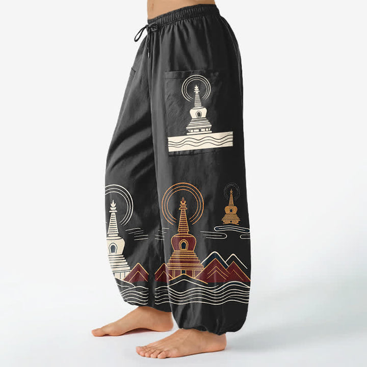 Buddha Stones Cotton Vintage Pagoda Scenic Pattern Women's Elastic Waist Harem Pants With Side Pockets - image 8