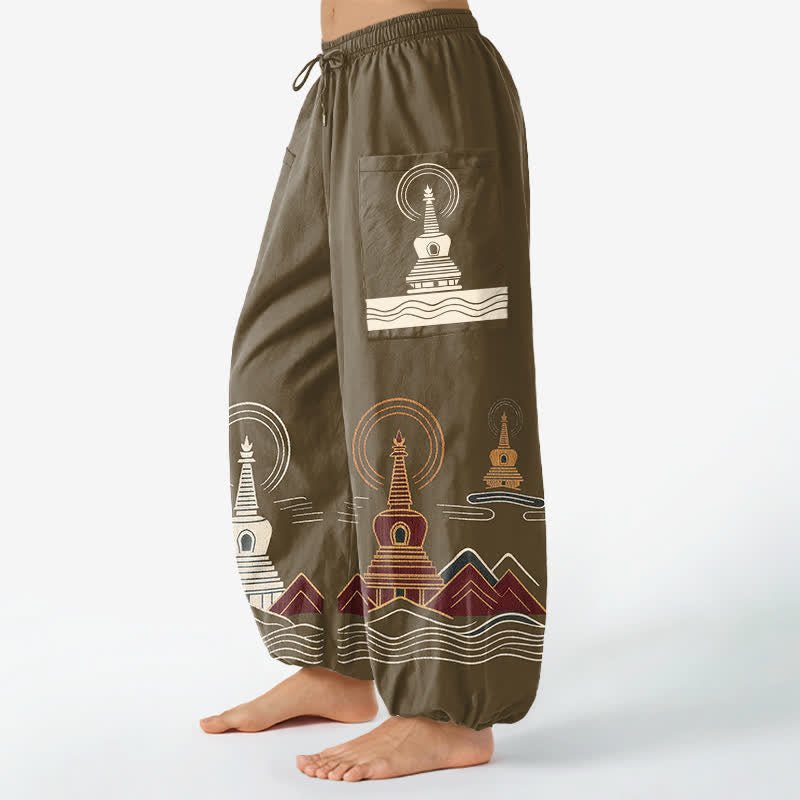 Buddha Stones Cotton Vintage Pagoda Scenic Pattern Women's Elastic Waist Harem Pants With Side Pockets - image 11