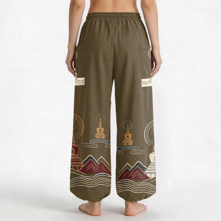 Buddha Stones Cotton Vintage Pagoda Scenic Pattern Women's Elastic Waist Harem Pants With Side Pockets - image 12