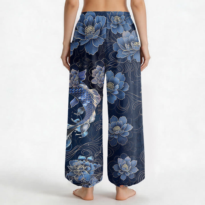 Buddha Stones Cotton Artistic Koi Peony Pattern Women's Elastic Waist Harem Pants With Side Pockets - image 2