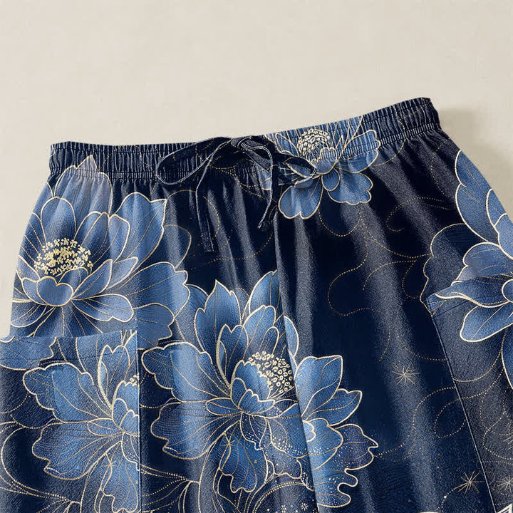 Buddha Stones Cotton Artistic Koi Peony Pattern Women's Elastic Waist Harem Pants With Side Pockets - image 5