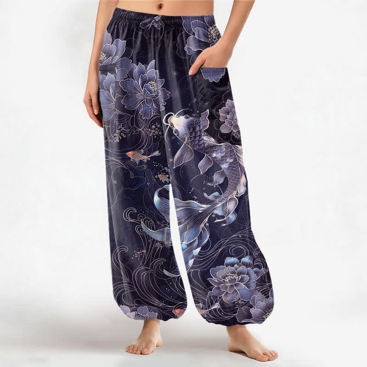 Buddha Stones Cotton Artistic Koi Peony Pattern Women's Elastic Waist Harem Pants With Side Pockets - Indigo - US16，UK/AU20，EU48 (3XL) - image 10