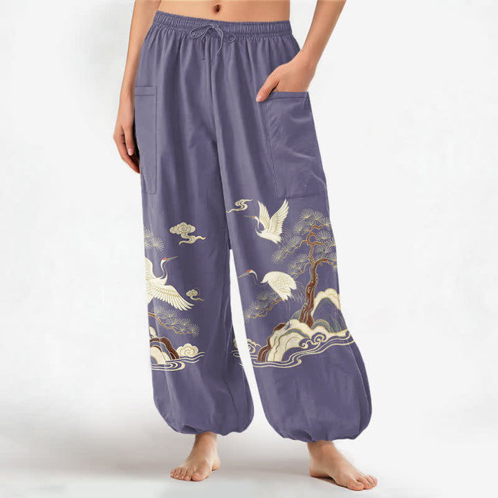 Buddha Stones Cotton Oriental Crane Pine Pattern Women's Elastic Waist Harem Pants With Side Pockets - MediumPurple - US16，UK/AU20，EU48 (3XL) - image 10