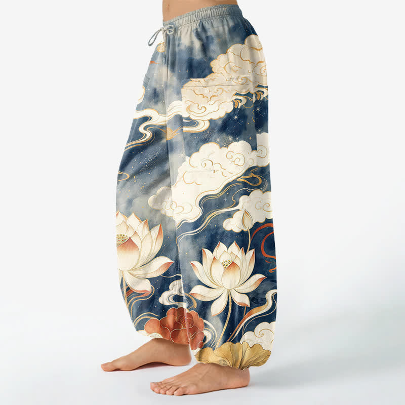 Buddha Stones Cotton Oriental Lotus Cloud Pattern Women's Elastic Waist Harem Pants With Side Pockets - image 1