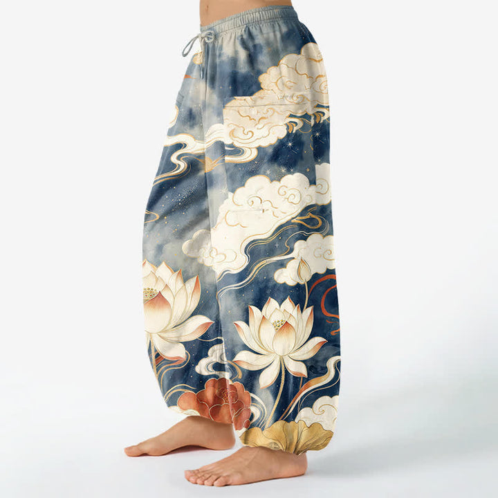 Buddha Stones Cotton Oriental Lotus Cloud Pattern Women's Elastic Waist Harem Pants With Side Pockets - image 1
