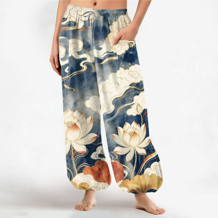 Buddha Stones Cotton Oriental Lotus Cloud Pattern Women's Elastic Waist Harem Pants With Side Pockets - Navy - US16，UK/AU20，EU48 (3XL) - image 0