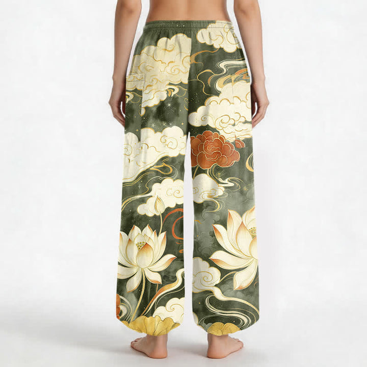 Buddha Stones Cotton Oriental Lotus Cloud Pattern Women's Elastic Waist Harem Pants With Side Pockets - image 12