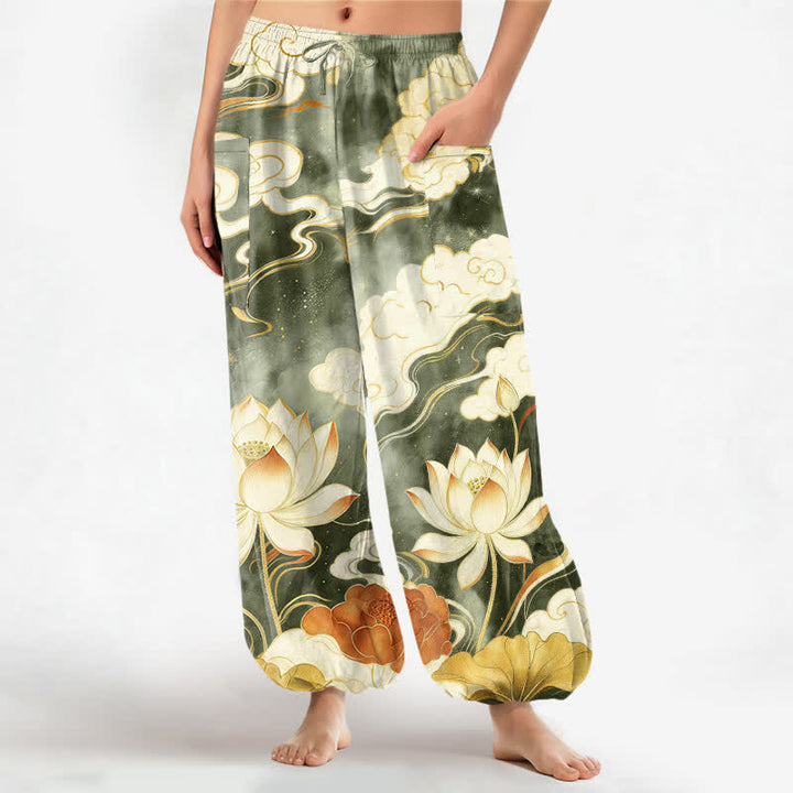 Buddha Stones Cotton Oriental Lotus Cloud Pattern Women's Elastic Waist Harem Pants With Side Pockets - DarkOliveGreen - US16，UK/AU20，EU48 (3XL) - image 10