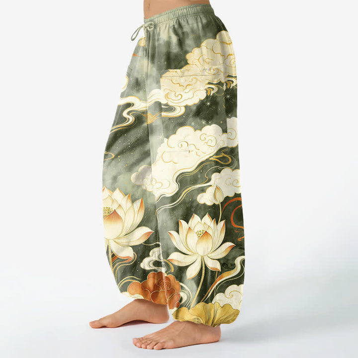 Buddha Stones Cotton Oriental Lotus Cloud Pattern Women's Elastic Waist Harem Pants With Side Pockets - image 11
