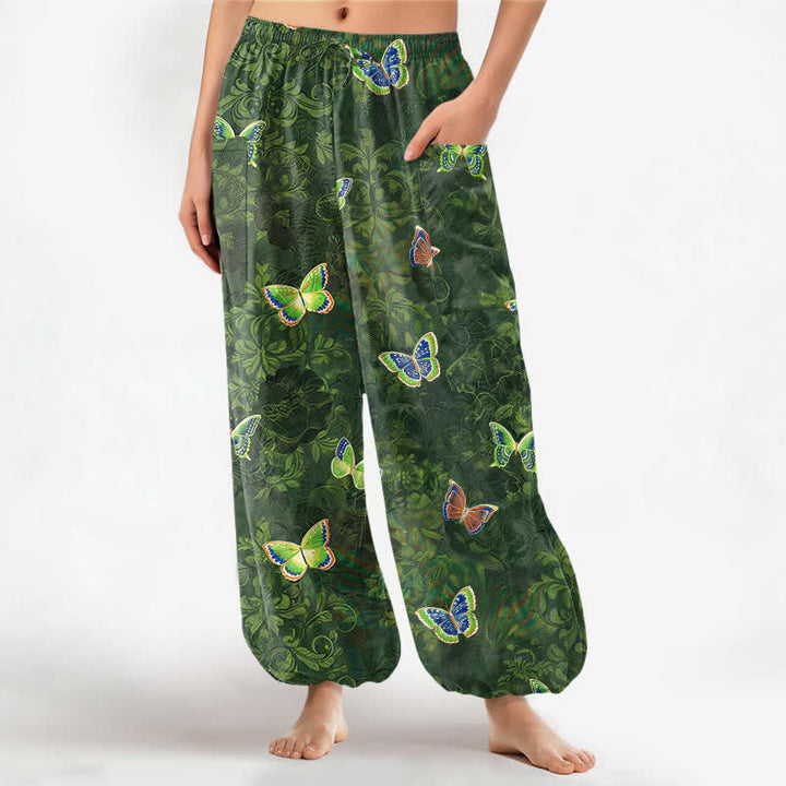 Buddha Stones Cotton Nature Inspired Butterfly Foliage Pattern Women's Elastic Waist Harem Pants With Side Pockets - ForestGreen - US16，UK/AU20，EU48 (3XL) - image 0