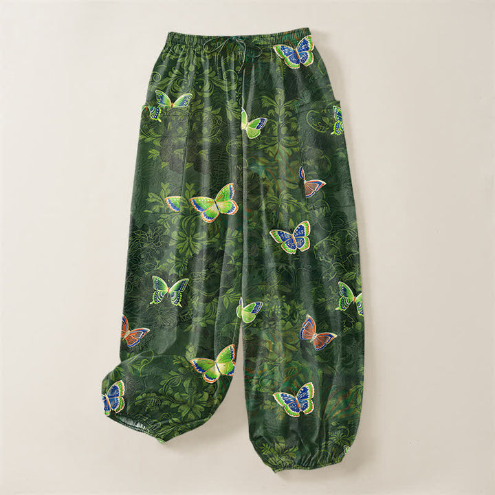 Buddha Stones Cotton Nature Inspired Butterfly Foliage Pattern Women's Elastic Waist Harem Pants With Side Pockets - image 3