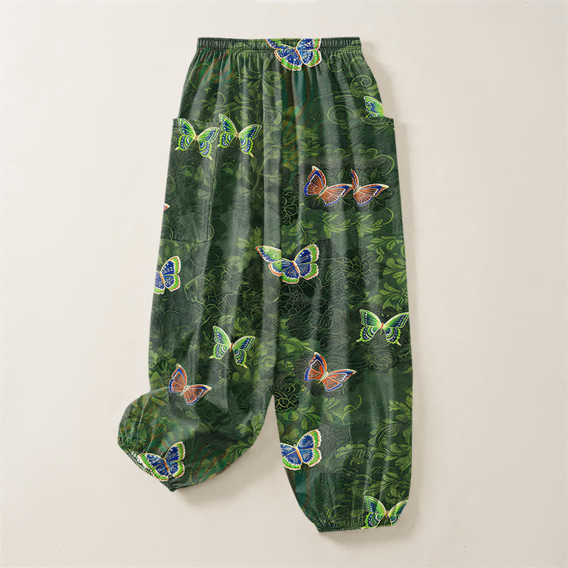 Buddha Stones Cotton Nature Inspired Butterfly Foliage Pattern Women's Elastic Waist Harem Pants With Side Pockets - image 4