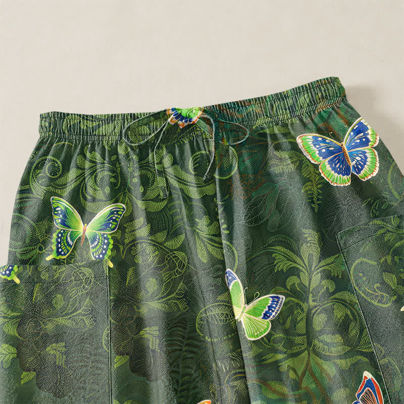 Buddha Stones Cotton Nature Inspired Butterfly Foliage Pattern Women's Elastic Waist Harem Pants With Side Pockets - image 5